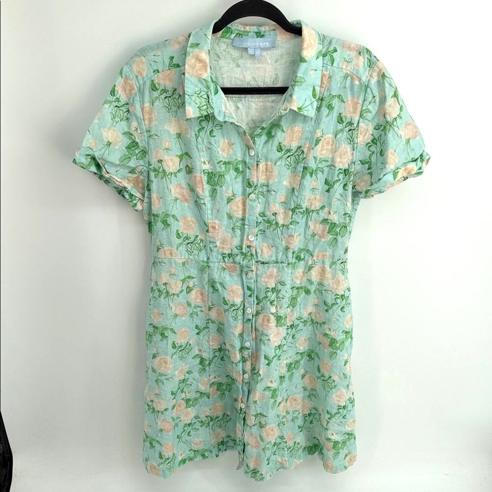 Hill House The Laura linen floral print short sleeve button down shirt dress L